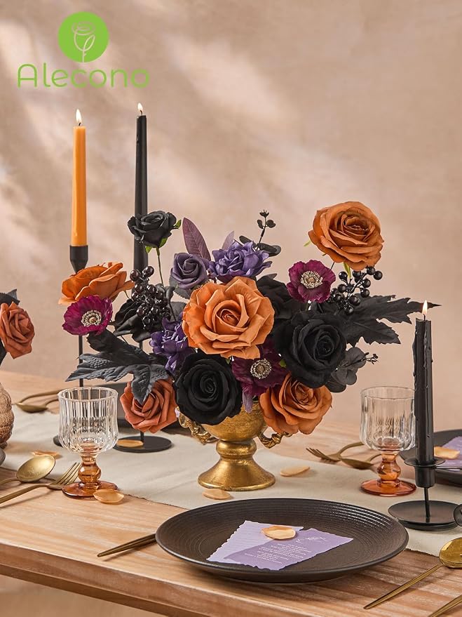Alecono Orange and Purple Artificial Flowers, Silk Fake Floral Set | - Image 6