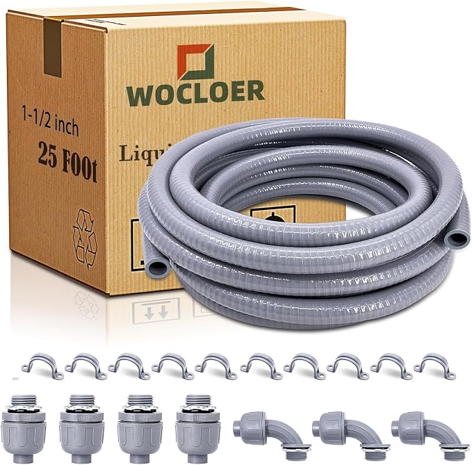 1-1/2 inch 25 Foot Liquid-Tight Conduit Kit, Flexible Non Metallic Electrical by Wocloer