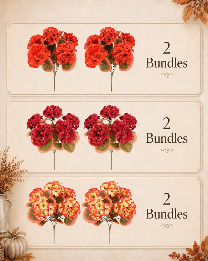 Artificial Fall Flowers for Outdoors, 6 Bundles Faux Geraniums | UV-Resistant - Image 8