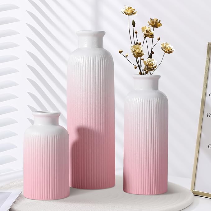 Small Gradient Pink Ceramic Vase Set of 3, Boho Modern Flower Vase Room Decor - Image 4