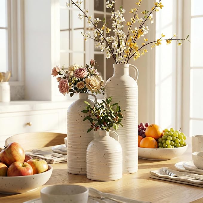 Firehold Ceramic Vase Set of 3 w/Handles, Rustic Farmhouse White Decor Vase | - Image 2