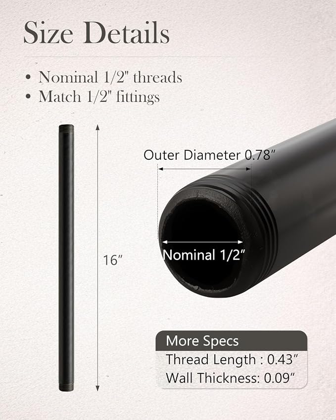 10 Pack 1/2 x 16 Inch Black Pipe Malleable Steel Nipples Fitting | DIY - Image 3