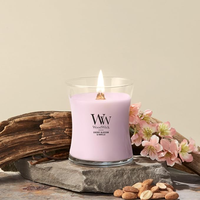 WoodWick Cherry Blossom & Vanilla Medium Hourglass Scented Candle - Image 2