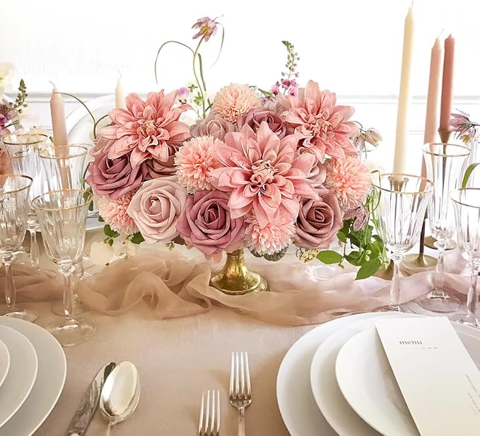 FACINOC Dusty Roses Artificial Flowers Pink Fake Flower Bulk Box Set | DIY - Image 4