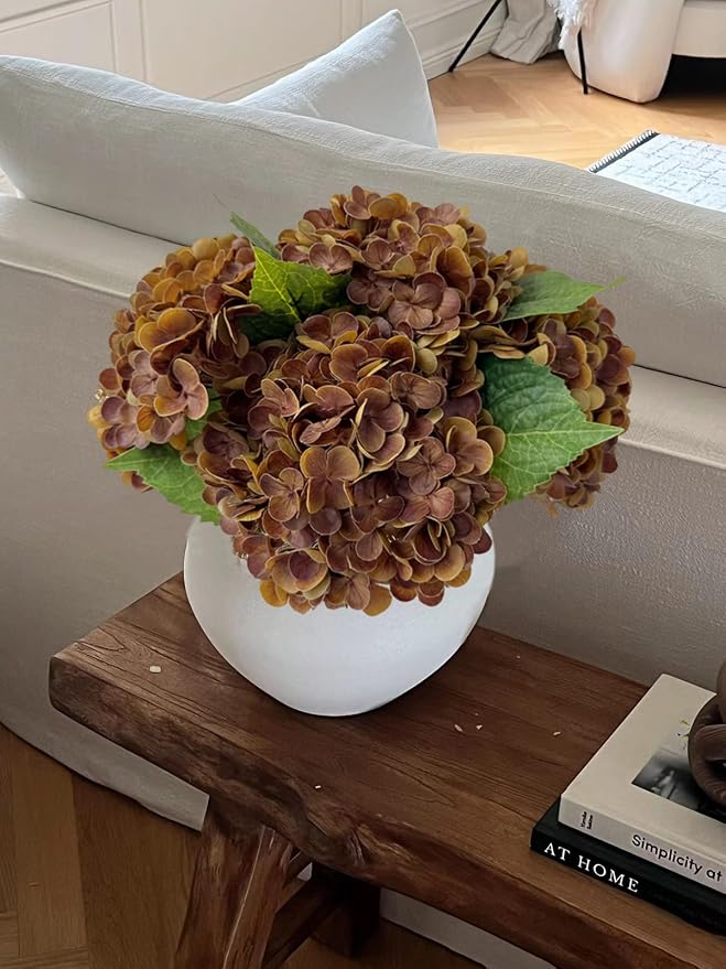 YalzoneMet 3 PCS Brown Hydrangea Artificial Flowers 21'' Real Touch Faux Latex - Image 4