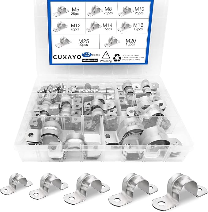 142 Pcs Pipe Strap Clamp Assortment Kit, 304 Stainless Steel 2 Holes Rigid Pipe by CUKAYO