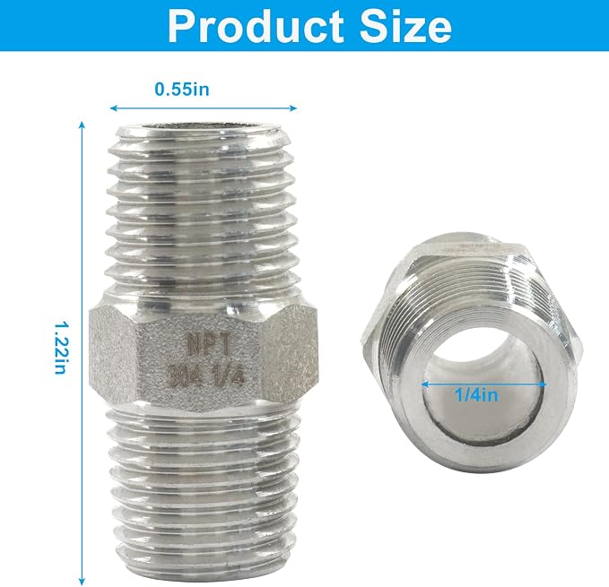 1/4" Male x 1/4" Male NPT Hex Nipple Pipe Fittings | 304 Stainless Steel - Image 2
