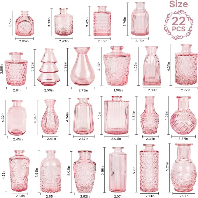 Clear Pink Glass Bud Vase Set of 22 Pcs, Small Bud Vases in Bulk, Glass Crystal - Image 4
