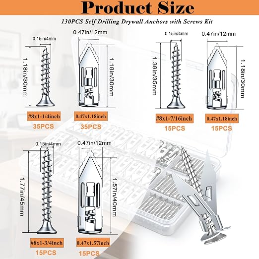 130 PCS Self Drilling Drywall Anchors - Image 2