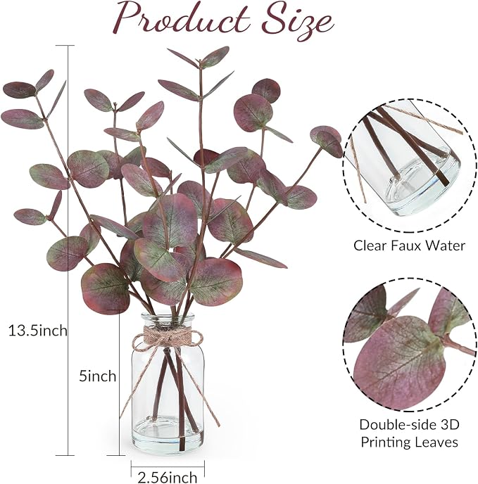 Bessol Artificial Eucalyptus Stems in Glass Vase - Image 3