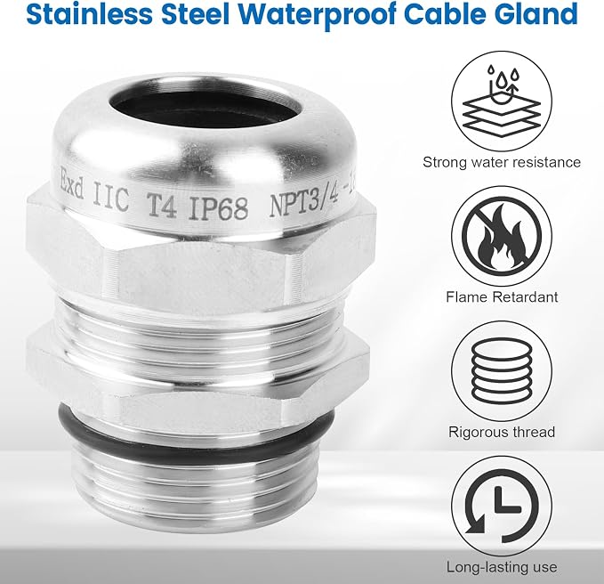QCG 3/4" NPT Stainless Steel Cable Gland Waterproof IP68, Adjustable - Image 2