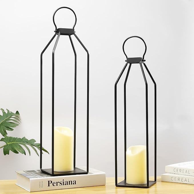 Perfnique Modern Farmhouse Lantern Decor, 19.7'' 22'' Set of 2 Black Metal - Image 2