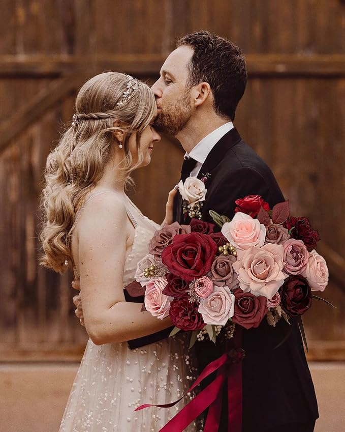 FACINOC Roses Artificial Flowers Burgundy Red Bouquet Fake Flower Bulk | DIY - Image 7