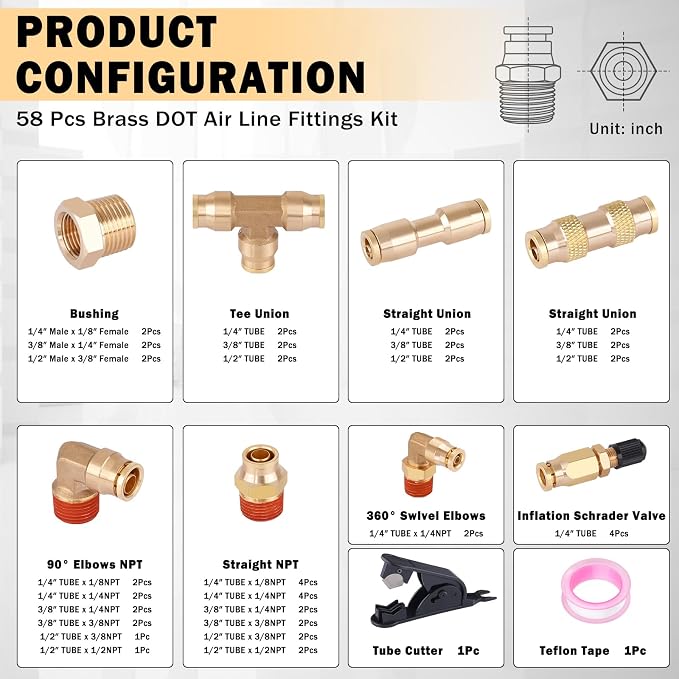 CheeMuii 58PCS Brass DOT Air Line Fittings Kit Push Lock DOT Air Fittings | - Image 2