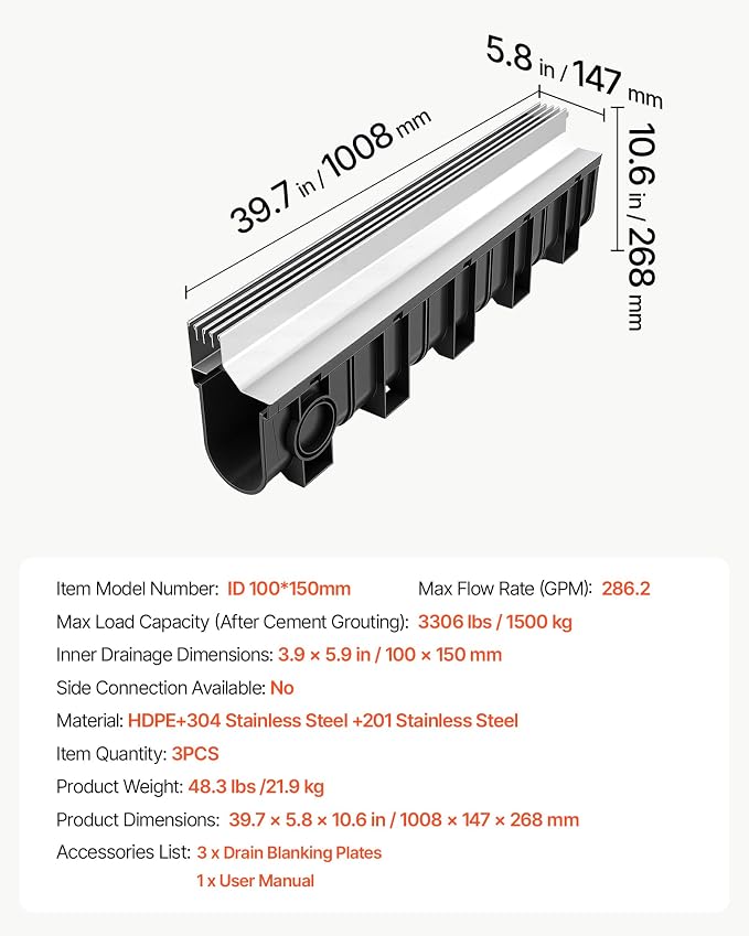 VEVOR Trench Drain, 39.7 x 5.8 x 10.6 in, 3 Pack Linear Drainage Channel - Image 7