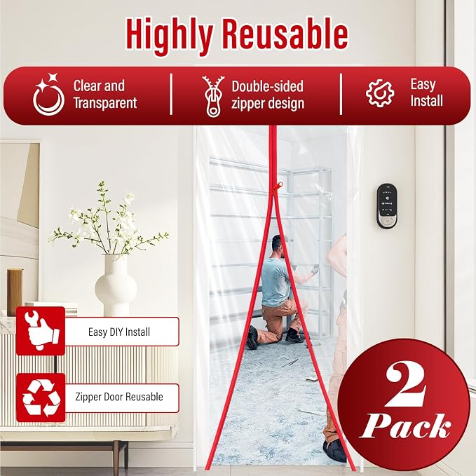 2-Pack Dust Barrier Plastic Zipper Door, 4 FTx7.2 FT Dust Barrier Cover - Image 2