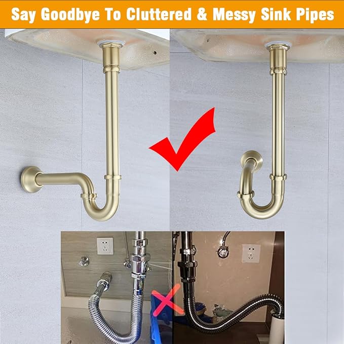 RANDOM Brass P Trap with Bathroom Sink Stopper Kit With Overflow, Brushed Gold - Image 4