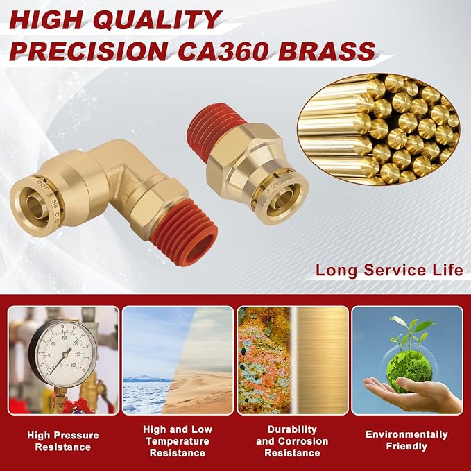 3/8" Tube x 1/4" NPT Male Straight & Elbow Brass Air Fittings Kit, 20 Straight - Image 2