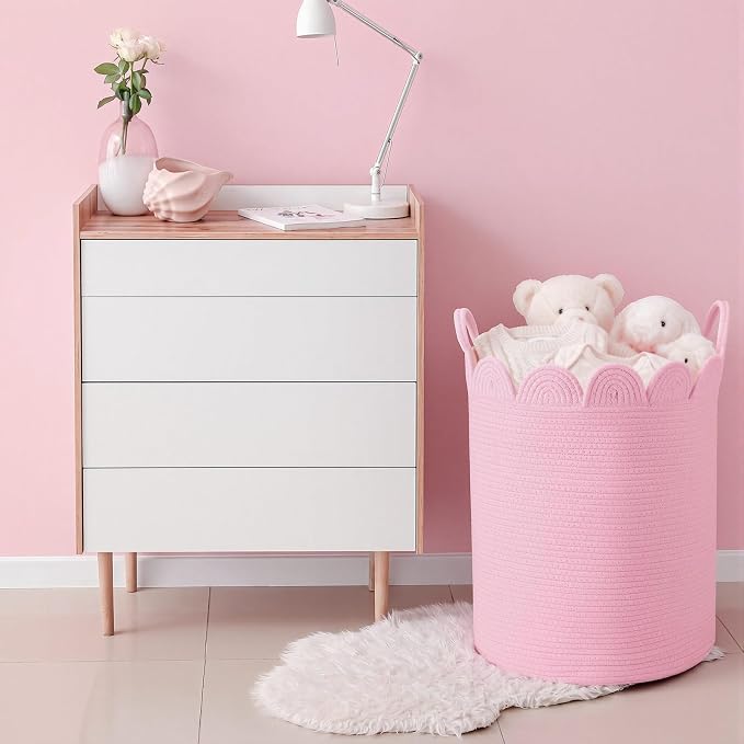 LemonRoad Round Woven Basket Pink, Cotton Rope Scalloped Edge Tassels, Nursery - Image 4