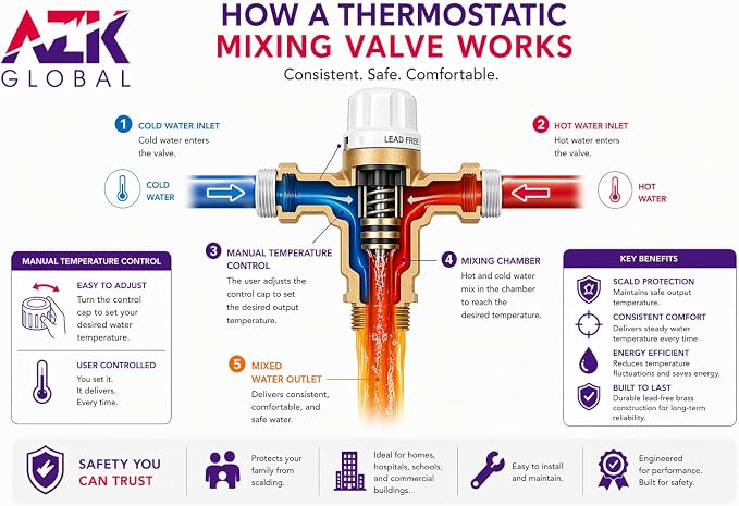 1/2" FNPT Type Thermostatic Mixing Valve, Cert: ASSE, NSF | TMV, Precise water - Image 4