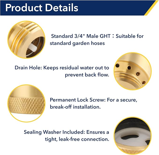 Brass Hose Bib Backflow Preventer, 3/4 "FHT x 3/4" MHT, Garden Hose Bib - Image 4