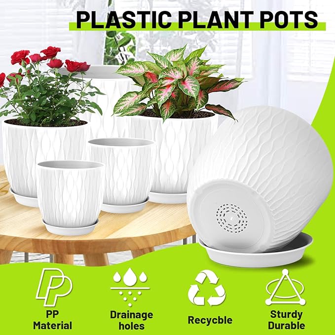 Plastic Plant Pots 10/9/8/7.5/7 inch Set of 5, Flower Planters - Image 2