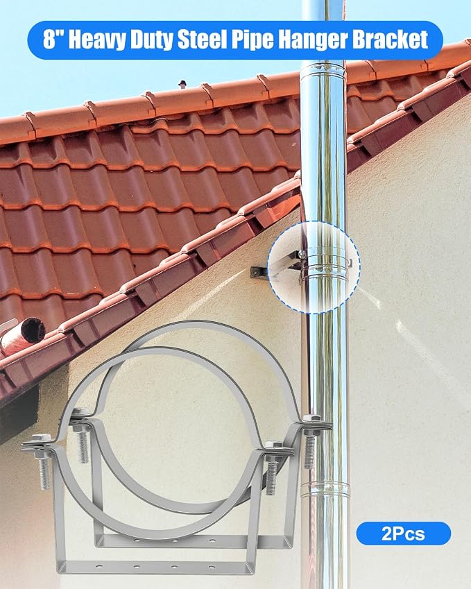 8 Inch Pipe Hanger Chimney Support Bracket | 2 Pcs Heavy Duty Steel Rigid Split - Image 2