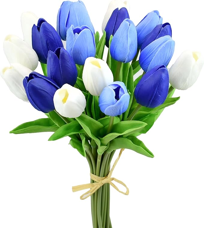 Mandy's 20pcs Artificial Shades of Blue Tulips | 13.5 Inch Lifelike PU Tulips by Mandys