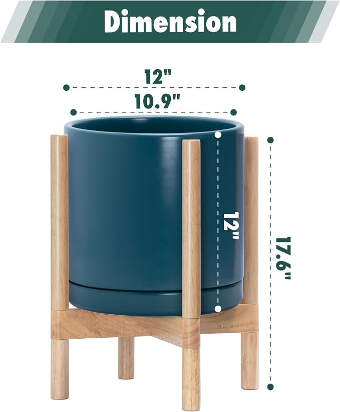 D'vine Dev Ceramic Pot with Natural Wood Stand, 12 in, 55-B-J-4 | Mid-Century - Image 3