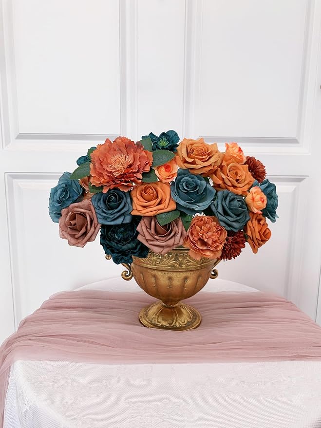 FACINOC Roses Artificial Flowers Teal Orange Bouquet Fall Fake Flower Combo | - Image 6