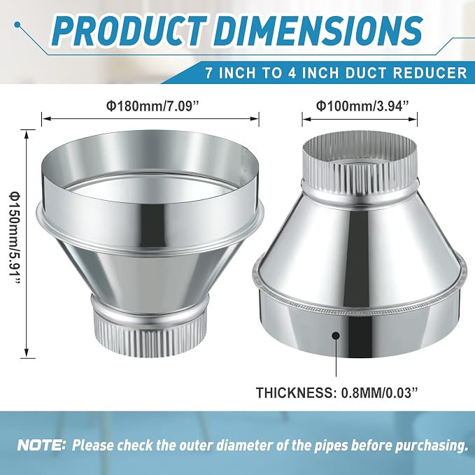 1 Pcs 7 Inch to 4 Inch Duct Reducer Increaser | Galvanized Steel Air Duct - Image 2