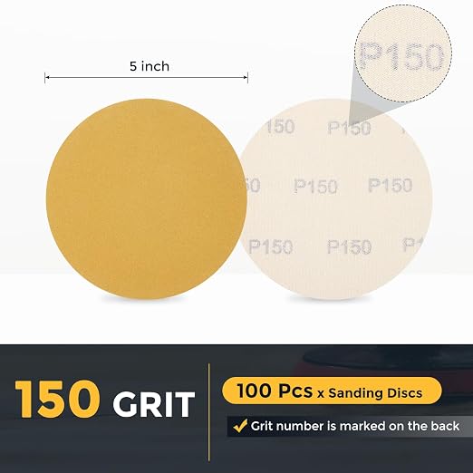 HARFINGTON 100 Pcs 5 Inch Sanding Discs 150 Grit Yellow Aluminum Oxide | Hook - Image 2