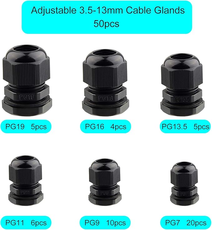 TUPARKA 50 Pack Cable Gland Waterproof Adjustable 3-16mm Cable Connectors PG7 - Image 2