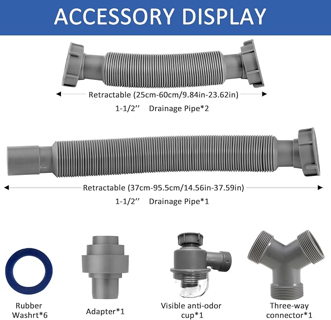 Double Sink Drain Kit Expandable Flexible 1 1/2 Inch P-Trap - Image 6