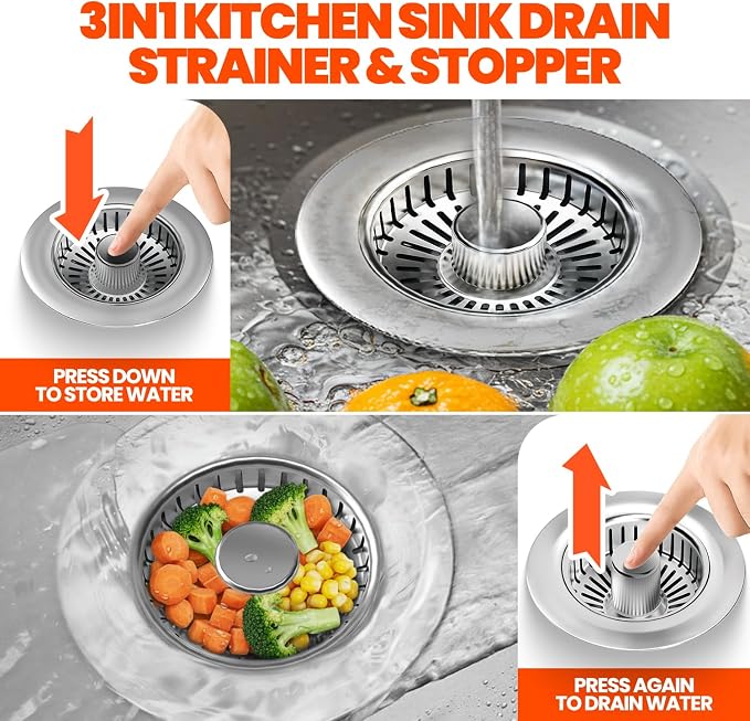3 in 1 Kitchen Sink Drain Strainer and Stopper Brushed Silver - Image 2