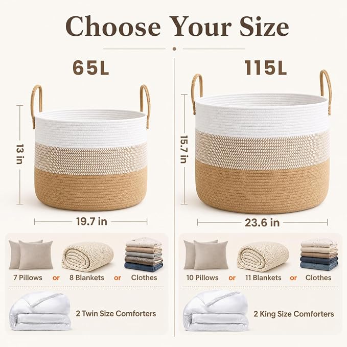 JMvicyroam 115L Extra Large Machine Washable Cotton Rope Blanket Basket | - Image 4