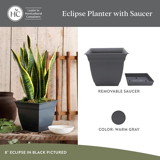 The HC Companies Eclipse Square Planter Pot, 8 Inch, Warm Gray, Attached Saucer - Image 2