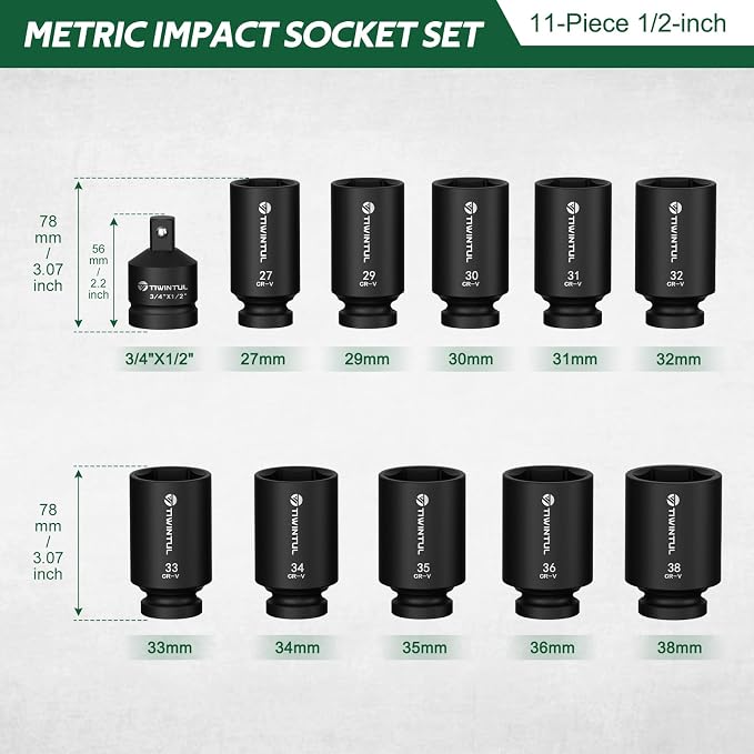 11Pcs Axle Nut Socket Set, 1/2" Drive Metric Impact Deep Socket | 27mm-38mm - Image 2