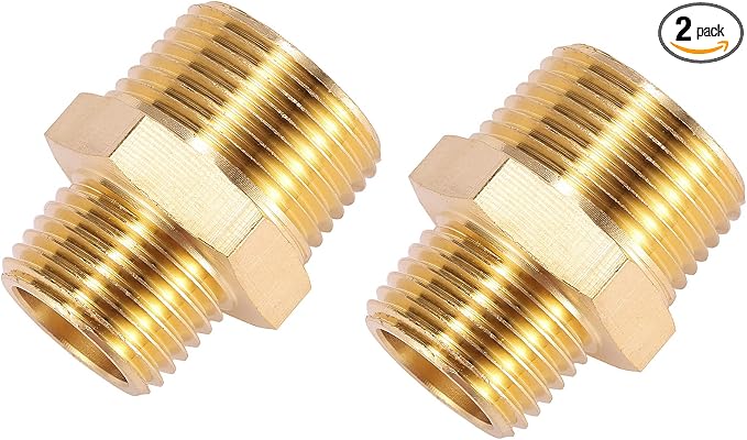 2 Pack Solid Brass Pipe Fitting, Hex Nipple, 1/2" x 3/4" NPT Male Pipe Adapter by Sanpaint