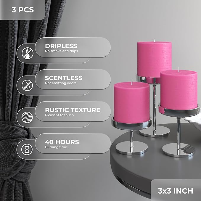 3x3 Pink Pillar Candles Set of 3 - Image 3