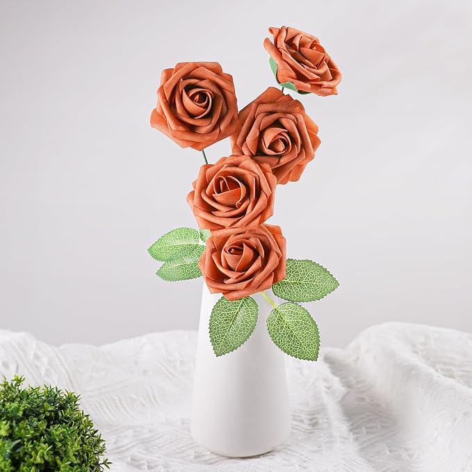 AmyHomie Burnt Orange Rose 25pcs Real Looking Artificial Flowers w/Stem | - Image 6