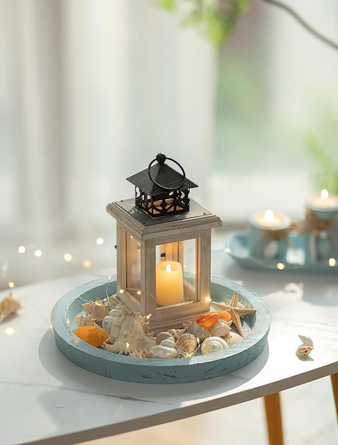 Hanobe Round Wood Candle Holder Tray, Ocean Blue Coastal Coffee Table Decor | - Image 7