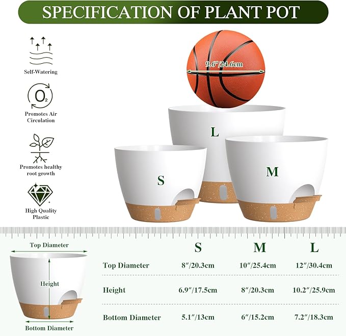 Self Watering Pots with Drainage Holes, 3 Pack 12/10/8 Inch Plant Pots with - Image 2