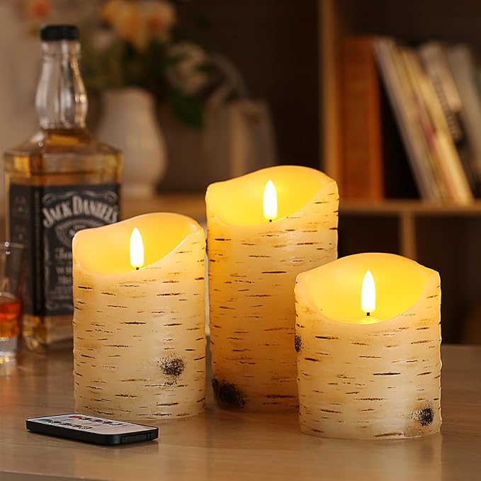 qinxiang Flameless Candles LED Candles Birch Bark Set of 3 Ivory Real Wax - Image 3