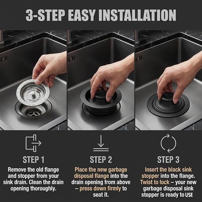 Garbage Disposal Stopper & Flange Kit, Matte Black Sink Stopper 3-1/2" - Image 5