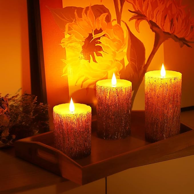 AKU TONPA Pine Bark Effect Flameless Candles Battery Operated Pillar Real Wax - Image 6
