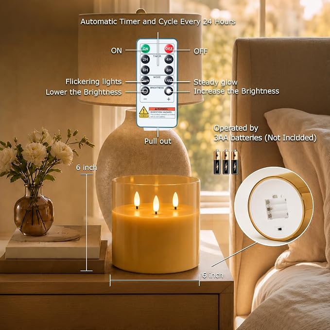 Homemory Amber Large Glass Flameless LED Candle, 3 Wicks, Remote Timer | 6"x6" - Image 4