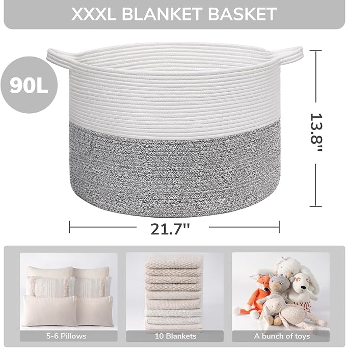 INDRESSME XXXLarge Woven Rope Blanket Basket Living Room Light Grey, 90L | - Image 3