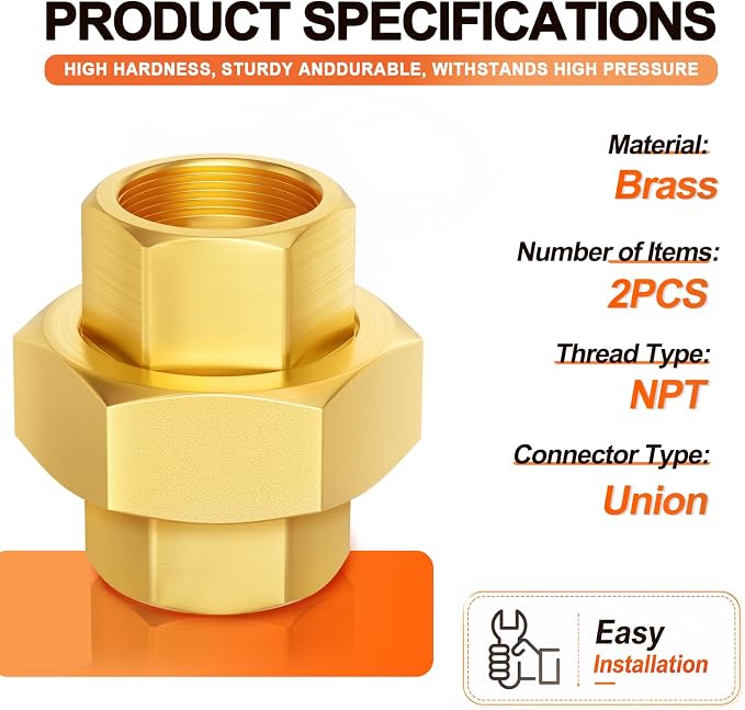 GASHER 2PCS 1/4" FNPT Brass Union Pipe Fitting | 1/4 Inch Female x 1/4 Inch - Image 2