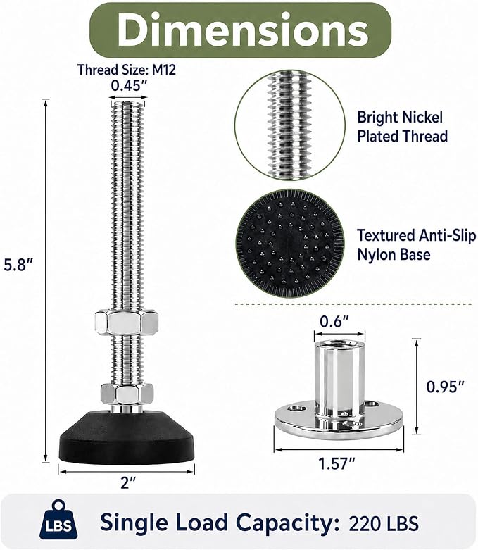 M12 Adjustable Leveling Feet, 4 Pack, 20° Swivel Base - Image 3